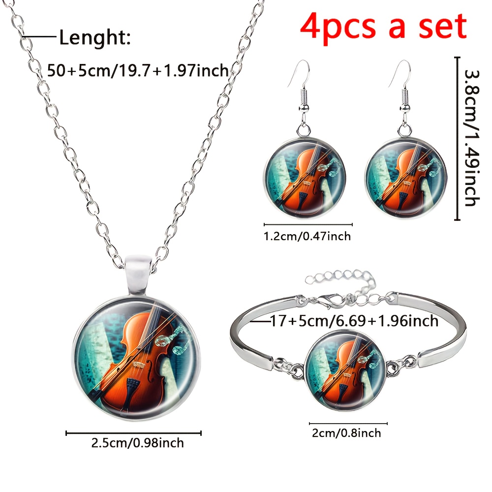 4pc Classical Music Art Motif Necklace, Bracelet & Earrings Set